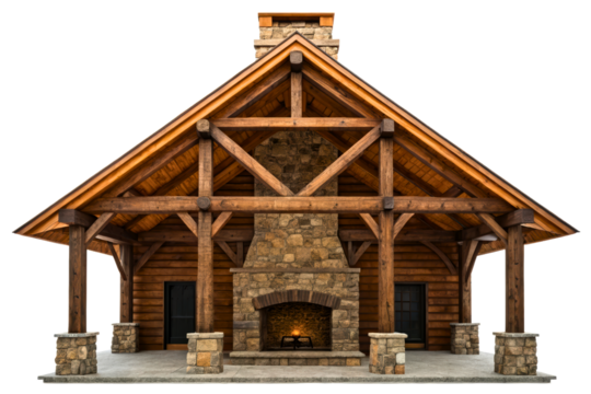 Rustic log cabin pavilion with a large stone outdoor fireplace isolated with transparent background