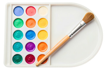 Colorful watercolor paint palette with a wooden paintbrush isolated with transparent background