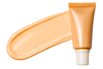Cosmetic foundation tube with a smear of liquid makeup isolated with transparent background