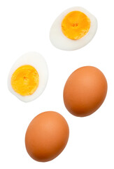Top view set of two raw chicken eggs and cooked or boiled egg with egg yolk in two halves isolated with clipping path in png file format