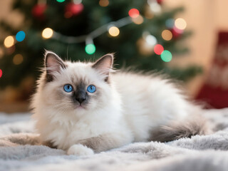 A beautiful blue-eyed Ragdoll cat with fluffy white fur relaxes on a cozy blanket, with a festive Christmas tree adorned with colorful lights in the background.
