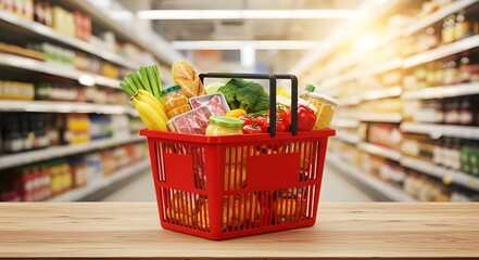 Fresh Groceries in Red Shopping Basket on Wooden Table in Supermarket Aisle, food and eats online buying and delivery concept