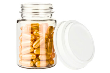 Open glass bottle filled with yellow supplement capsules isolated with transparent background
