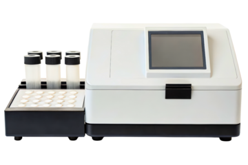 Modern laboratory analysis machine with test tube samples isolated with transparent background