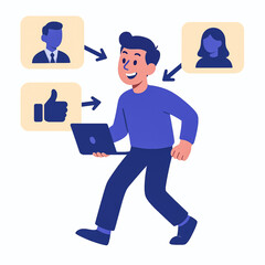 Flat vector illustration of a happy employee with laptop receiving feedback from coworkers. Perfect for HR, teamwork, employee engagement, communication, and business content.