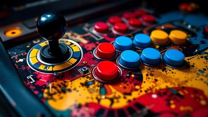 Close-up of colorful arcade game buttons from 90s machine. Ideal for nostalgia, gaming history, and retro technology visuals