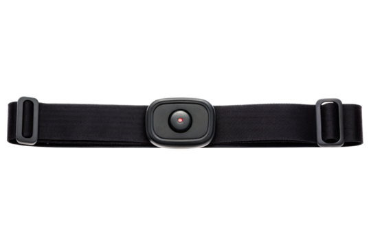 Black chest strap heart rate monitor for fitness training isolated with transparent background