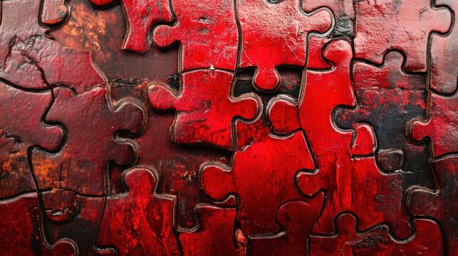 Close-up view of a collection of red puzzle pieces.