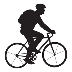 Fototapeta premium Silhouette of a cyclist wearing a helmet and backpack riding a bicycle for transportation