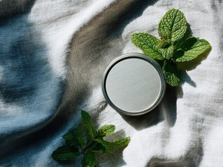 Natural Deodorant in Silver Tin on Soft Linen Background with Mint