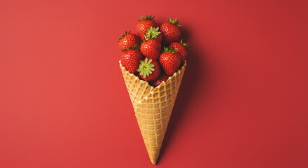 Waffle cornet with strawberries on a red background. Creative fruit concept.