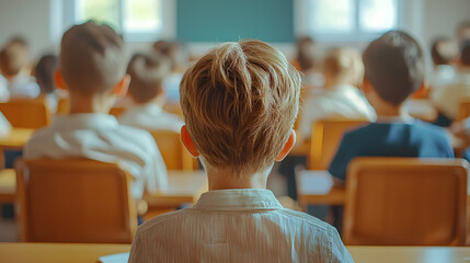 Back view of group of many schoolchildren, children sitting at desks and listening attentively