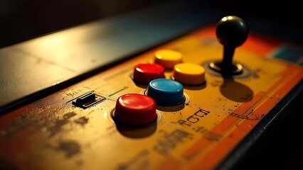 Close-up of colorful arcade game buttons from 90s machine. Ideal for nostalgia, gaming history, and retro technology visuals