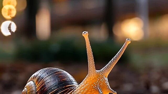 Close up of a snail moving forward brown shell and orange body with soft focus background capturing natural habitat