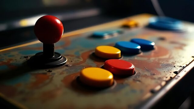 Close-up of colorful arcade game buttons from 90s machine. Ideal for nostalgia, gaming history, and retro technology visuals - Powered by Adobe