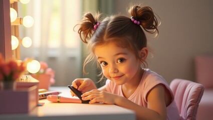 little girl with mobile phone, little girl playing with toy, little girl draws, little girl putting on lipstick, little girl putting make up, little girl putting on make up, 