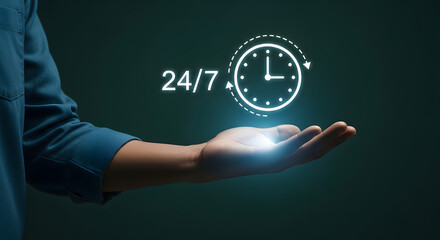 Person in Blue Shirt Holding Holographic 24/7 Clock Icon, Symbolizing Round-the-Clock Service and Availability