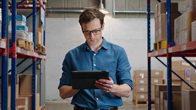 A male warehouse supervisor stands between industrial shelves while checking stock data on a digital tablet. 