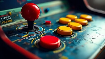 Close-up of colorful arcade game buttons from 90s machine. Ideal for nostalgia, gaming history, and retro technology visuals