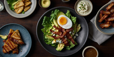 A gourmet Cobb salad featuring crisp lettuce, sliced avocado, crispy bacon strips, crumbled blue cheese, and a perfectly cooked soft-boiled egg, surrounded by other breakfast or brunch components like
