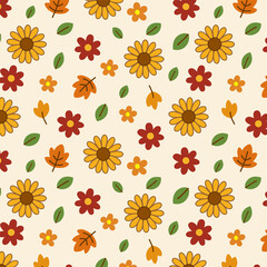 Cute seamless floral pattern with chrysanthemum, cosmos, fall leaves and berries. Perfect for seasonal textile, wrapping paper and background.