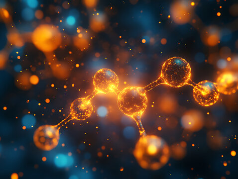 Abstract molecular structure glowing orange light on dark blue background technology and science concept - Powered by Adobe