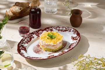 Chicken fillet salad with egg and cheese in bright natural light, overhead composition on...