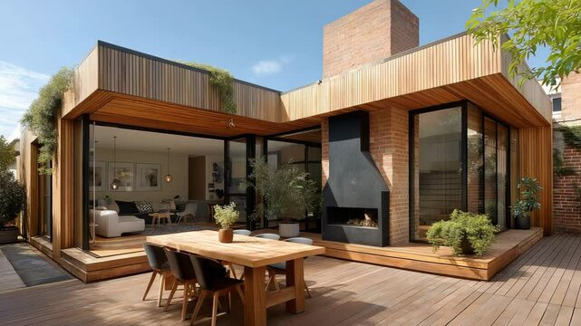 The installation of a patio, courtyard, and deck is part of the renovation of a contemporary residence addition. 