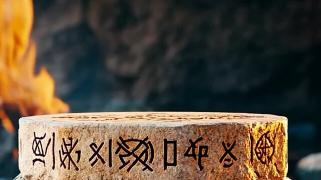 Close-up of ancient stone tablet with engraved symbols near a fire the background is out of focus