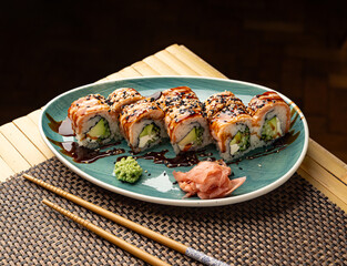 Delicious sushi rolls with salmon