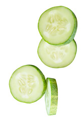 Top view set of fresh green cucumber slices in circle shape in stack isolated on white background with clipping path