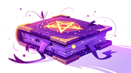 Illustrated book of spells with pentagram symbol glowing on its cover isolated on transparent background.
