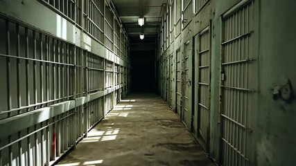 Dark and eerie prison corridor with barred cells and dim lighting creating a tense atmosphere - Powered by Adobe