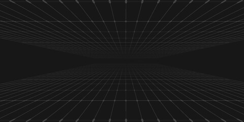 Vector abstract technology perspective grid. Detailed wireframe landscape with white lines on black background. Digital space with mesh.