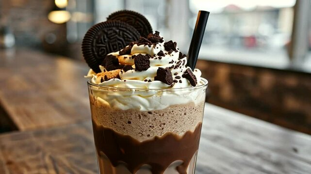 Delicious chocolate milkshake topped with whipped cream and cookies, set in a cozy caf&eacute; environment