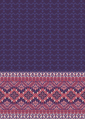 Geometric ethnic tribal pattern, striking textile pattern features rhythmic wave motifs and diamond shapes on dark blue.