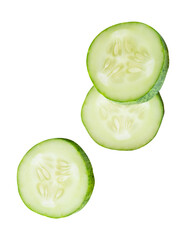 Top view set of fresh green cucumber slices in circle shape in stack isolated with clipping path in png file format