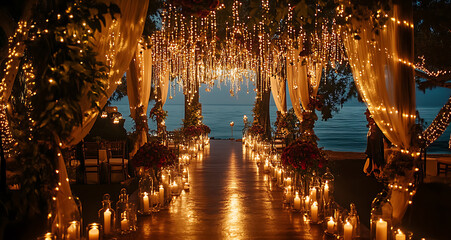 Naklejka premium Luxurious wedding scenes in elegant natural and architectural settings, surrounded by florals, candlelight, and evolving romantic atmospheres.