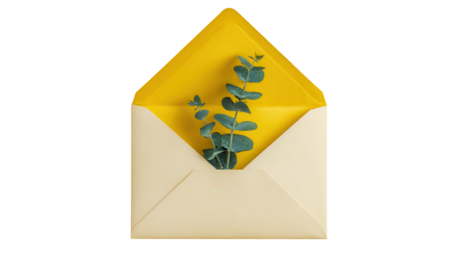 A simple envelope with a leaf peeking out for a natural touch. transparent background - Powered by Adobe