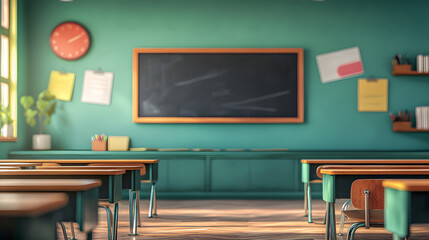 Blur background of interior design of empty classroom with blackboard Empty classroom