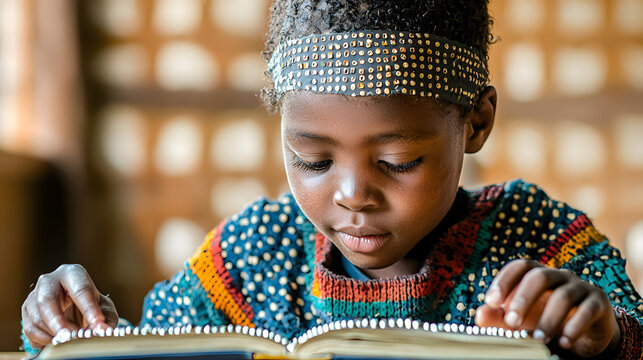 Blind child at school sitting in the classroom reading a book in braille.