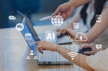 ビジネスシーン、生成AIを活用したデジタルワークフロー、クラウド、DX、デジタルネットワークイメージ