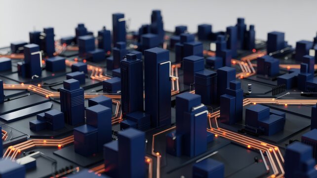 Fototapeta Abstract futuristic cityscape with glowing orange circuits connecting dark blue minimalist buildings on a dark surface