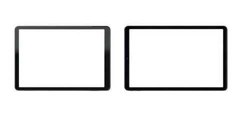 Two tablets with blank white screens side by side on a plain view on transparent background