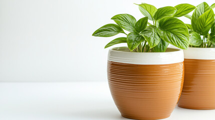 Fototapeta premium Vibrant indoor plant in decorative pot, showcasing lush green leaves and modern design, adds refreshing touch to any space