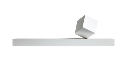 A balanced cube resting on a long platform symbolizing stability. transparent background