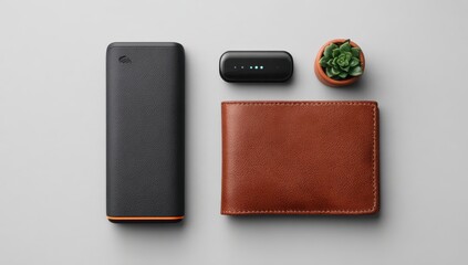Flatlay of power bank, fitness tracker, succulent, and leather wallet on a light gray background