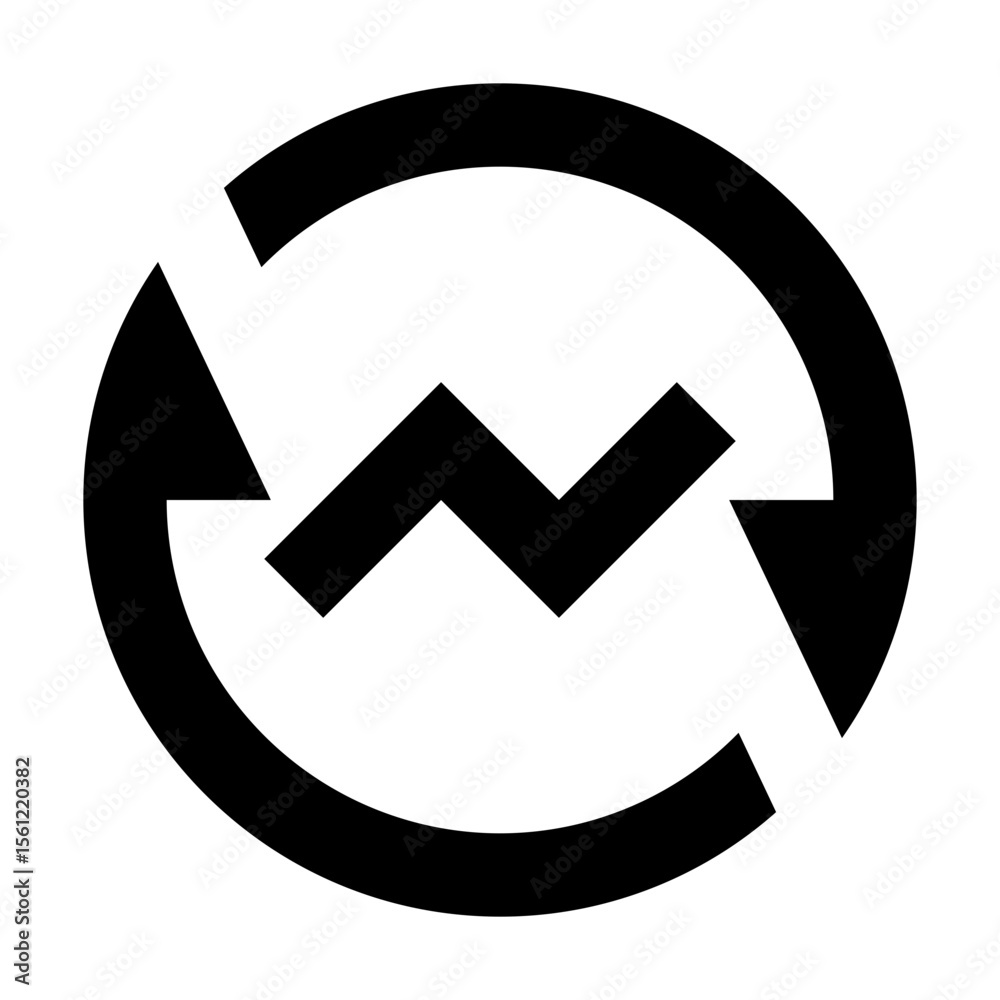 Poster a black circular arrow with a zig zag line inside indicating a cyclical or repeating process flow de