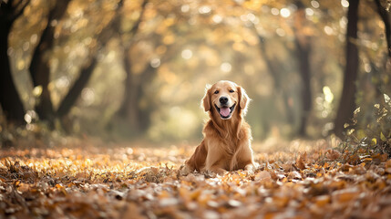 Golden retriever playing amidst autumn leaves, bathed in warm sunlight with a joyful demeanor.