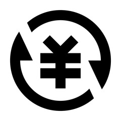 Yen symbol encircled by arrows indicating currency exchange in a circular motion depicted in black